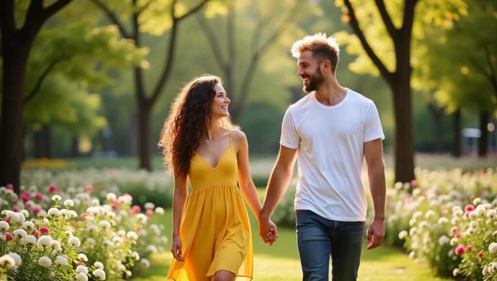 Casal jovem caminhando de mãos dadas por um parque florido, sorrindo um para o outro em um momento de felicidade sob a luz suave da tarde. Alinhar a Vibração e Atrair O Amor