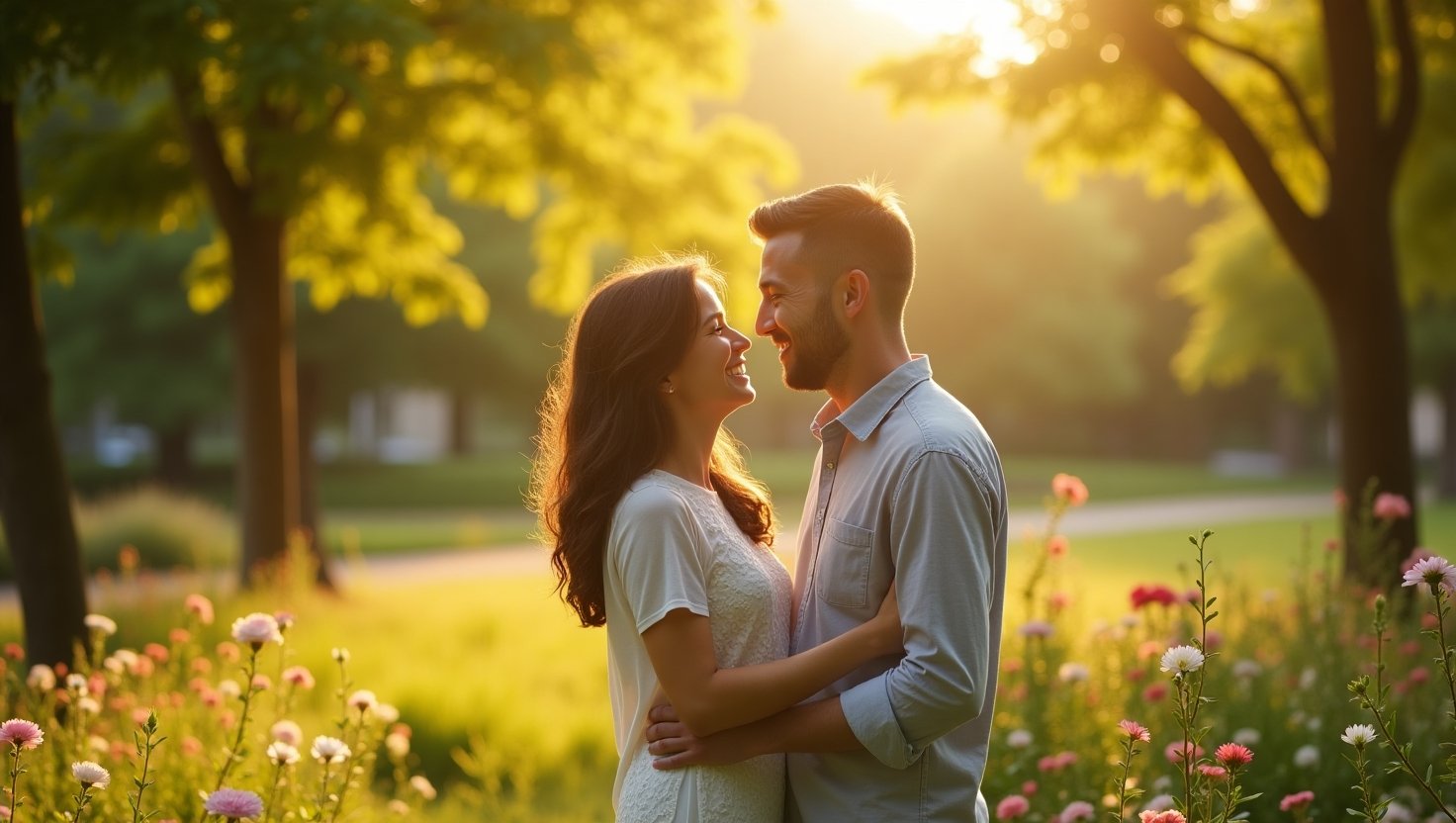 Casal jovem se abraça sorridente em um jardim florido ao entardecer, com luz dourada do pôr do sol filtrada pelas árvores ao fundo, transmitindo sensação de reconciliação e carinho. da Lei da Atração para Reconciliar um Amor