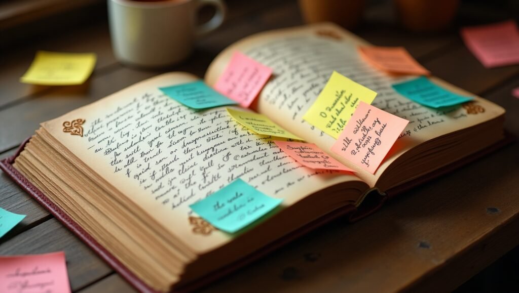 Diário antigo aberto com páginas manuscritas e diversos post-its coloridos colados, contendo frases reflexivas, sobre uma mesa de madeira.