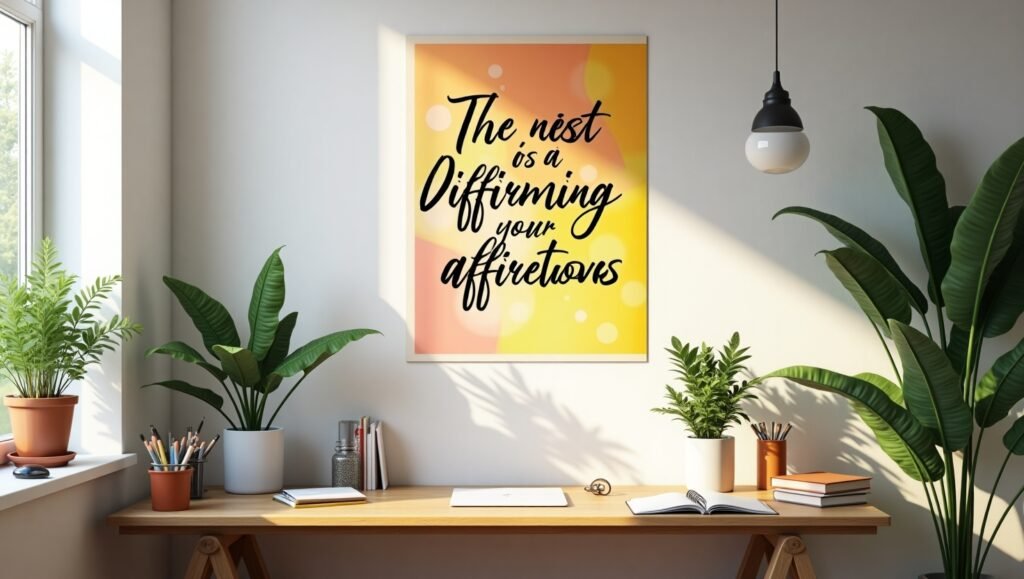Escritório em casa com plantas e quadro decorativo na parede.