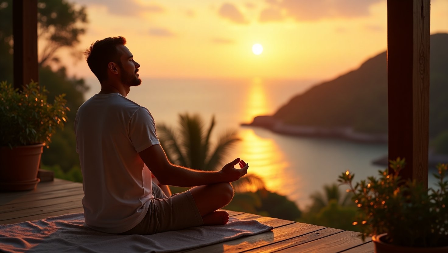 Homem jovem sentado em posição de meditação na varanda ao nascer do sol, com vista para o mar e colinas ao fundo. Rotina Matinal com a Lei da Atração