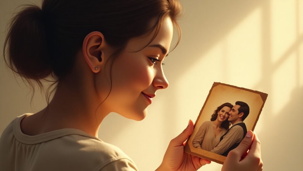 Ilustração de uma jovem sorrindo enquanto observa uma foto antiga de um casal abraçado, emoldurada com cantos escurecidos. A luz suave do entardecer entra pela janela, iluminando seu rosto com nostalgia e ternura. da Lei da Atração para Reconciliar um Amor