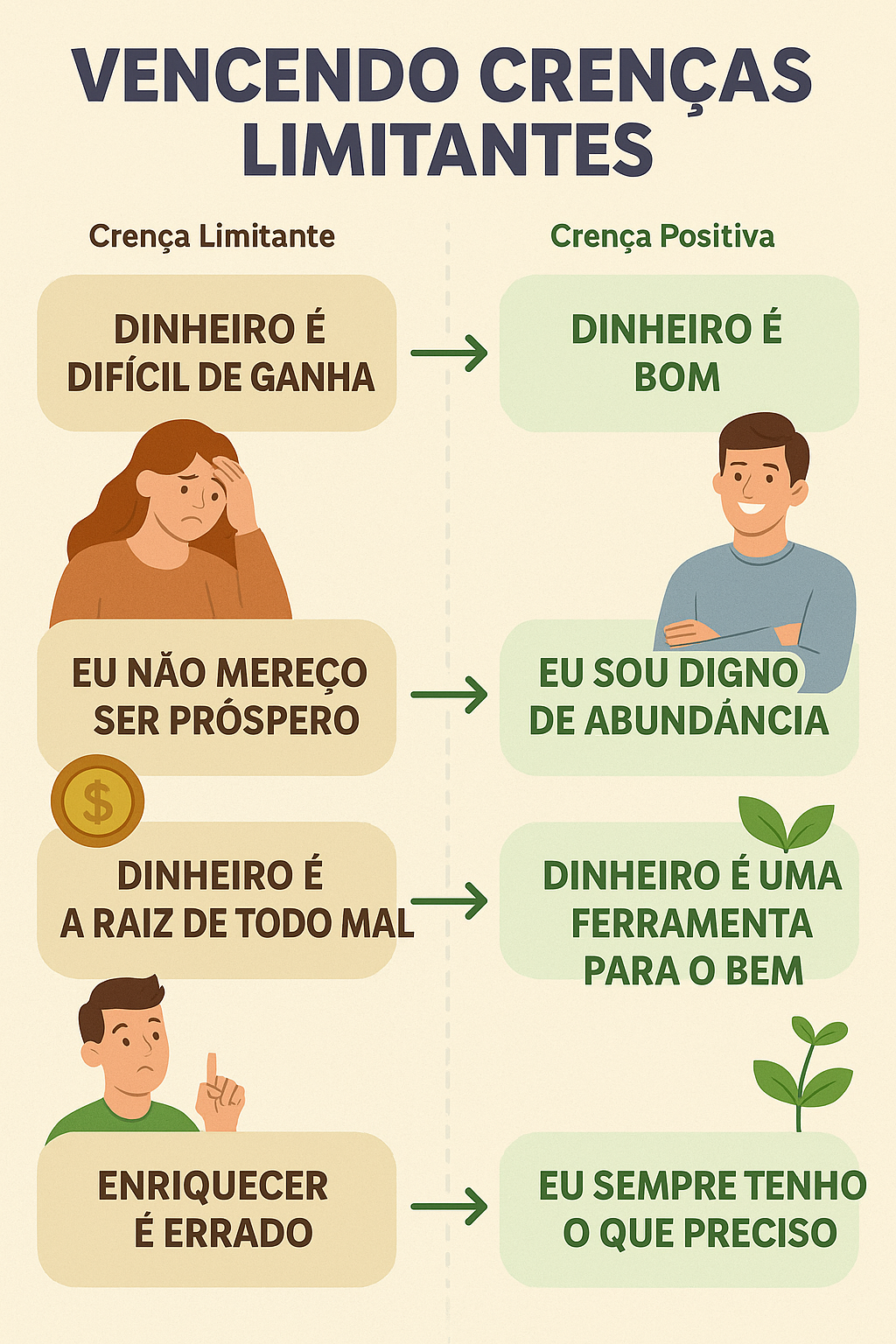 Infográfico com o título “Vencendo Crenças Limitantes”. À esquerda, estão listadas crenças limitantes sobre dinheiro e, à direita, suas versões positivas correspondentes:“Dinheiro é difícil de ganhar” → “Dinheiro é bom”“Eu não mereço ser próspero” → “Eu sou digno de abundância”“Dinheiro é a raiz de todo mal” → “Dinheiro é uma ferramenta para o bem”“Enriquecer é errado” → “Eu sempre tenho o que preciso”Cada par é acompanhado por ilustrações de pessoas expressando emoções relacionadas às crenças. As crenças limitantes aparecem em marrom, enquanto as crenças positivas estão em verde. Setas verdes indicam a transformação de uma crença para outra.Infográfico com o título “Vencendo Crenças Limitantes”. À esquerda, estão listadas crenças limitantes sobre dinheiro e, à direita, suas versões positivas correspondentes:“Dinheiro é difícil de ganhar” → “Dinheiro é bom”“Eu não mereço ser próspero” → “Eu sou digno de abundância”“Dinheiro é a raiz de todo mal” → “Dinheiro é uma ferramenta para o bem”“Enriquecer é errado” → “Eu sempre tenho o que preciso”Cada par é acompanhado por ilustrações de pessoas expressando emoções relacionadas às crenças. As crenças limitantes aparecem em marrom, enquanto as crenças positivas estão em verde. Setas verdes indicam a transformação de uma crença para outra.
