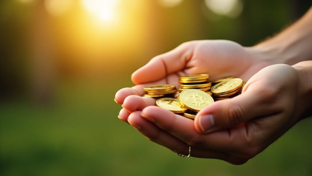 Mãos segurando várias moedas douradas com símbolo de bitcoin, com fundo desfocado e luz solar ao entardecer.