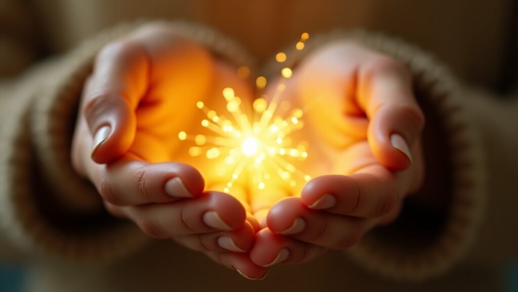 Mãos femininas em concha segurando um feixe de luz brilhante, representando energia, esperança ou inspiração.