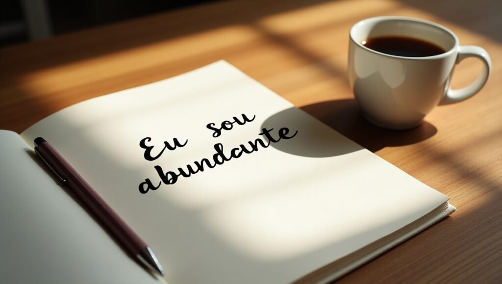 Caderno aberto com a frase “Eu sou abundante” escrita à mão, ao lado de uma xícara de café sobre uma mesa de madeira iluminada pela luz do sol.