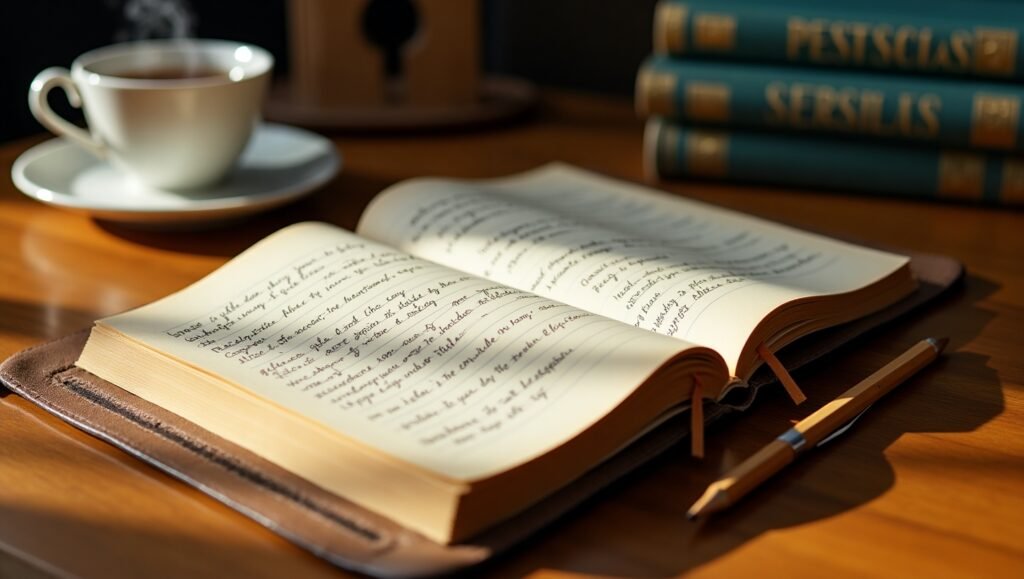 Conceitos avançados da Lei da Atração-Mesa de madeira com diário aberto escrito à mão, caneta de madeira e xícara de chá quente ao lado, iluminados pela luz do sol — cenário acolhedor para escrita, leitura ou estudo reflexivo