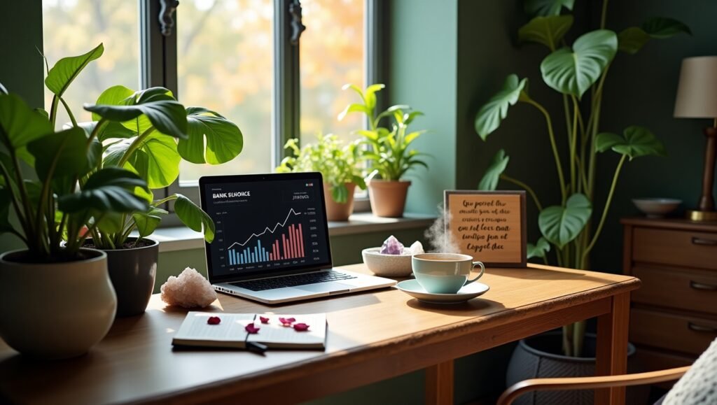 Mesa de escritório com notebook exibindo gráficos, rodeada por plantas verdes e itens de bem-estar como cristais, chá e um caderno.