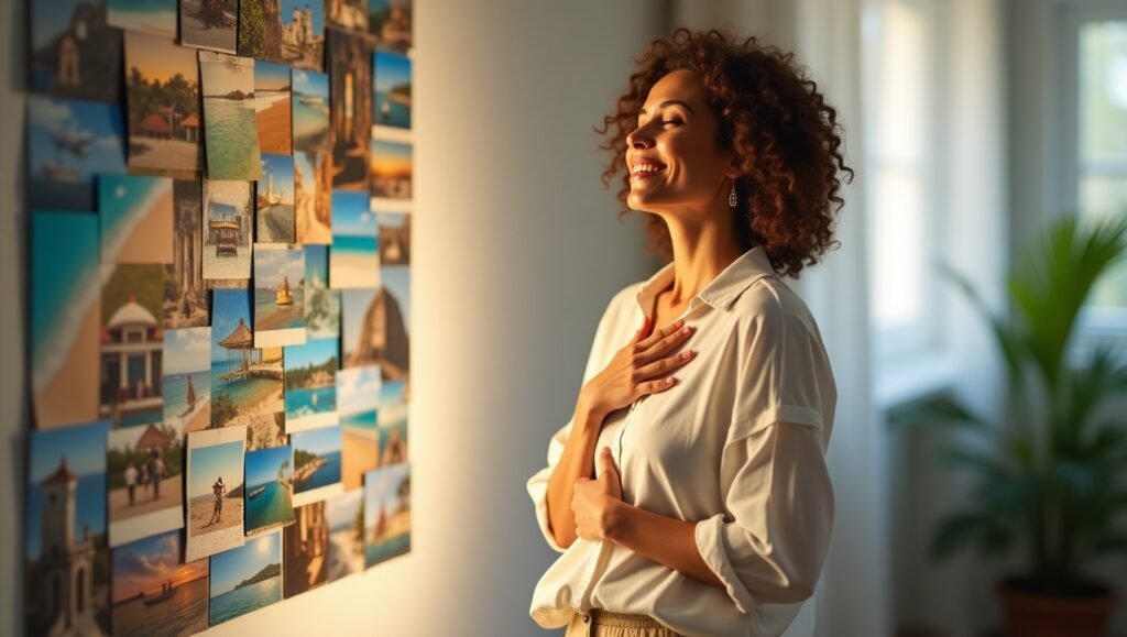 Mulher sorridente e emocionada olha para seu quadro dos sonhos repleto de fotos coloridas de destinos paradisíacos e momentos felizes, em ambiente iluminado.