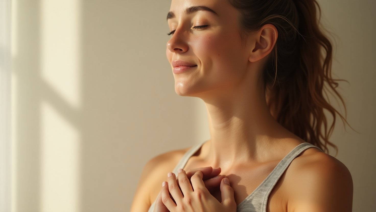 Mulher jovem com olhos fechados e expressão serena, segurando as mãos no peito enquanto desfruta de um momento de paz interior à luz do sol. Técnicas de Respiração para Aumentar a Vibração