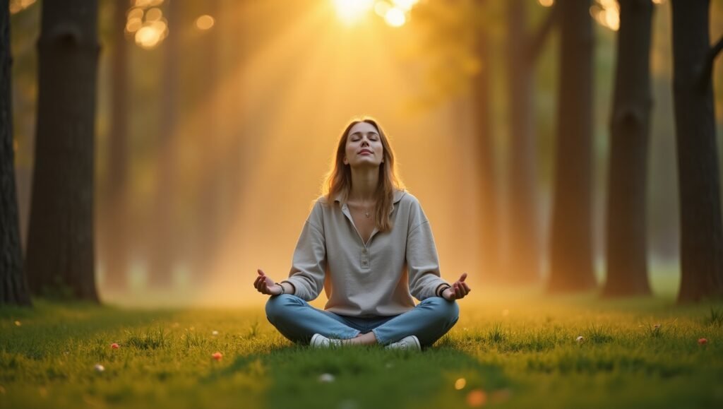 Mulher meditando sentada na grama em uma floresta iluminada pelo sol nascente, com expressão serena e olhos fechados.