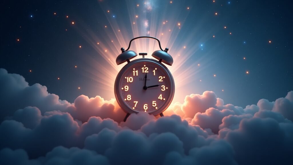 Relógio despertador entre nuvens iluminadas, com céu estrelado ao fundo, simbolizando o tempo divino e a manifestação.