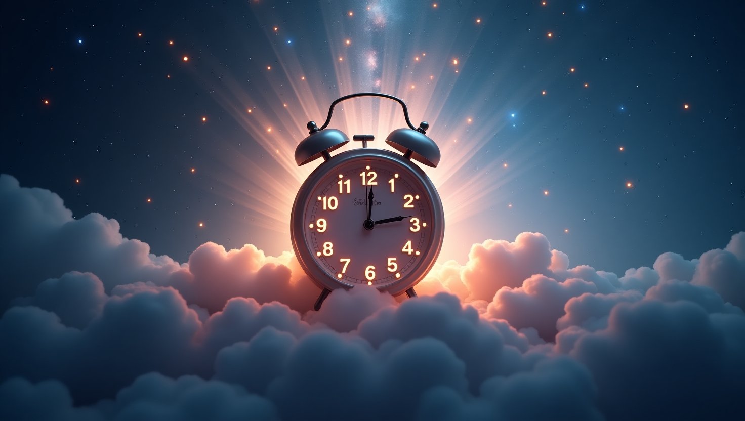 Relógio despertador entre nuvens iluminadas, com céu estrelado ao fundo, simbolizando o tempo divino e a manifestação.