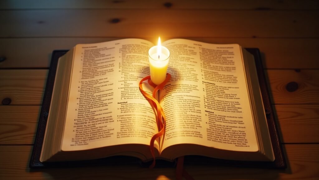 Bíblia aberta sobre mesa de madeira com uma vela acesa ao centro iluminando as páginas, criando um ambiente de reflexão, espiritualidade e meditação à luz suave.