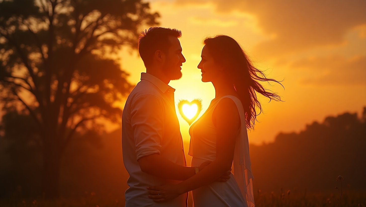 Casal apaixonado se olhando nos olhos ao pôr do sol, com brilho em forma de coração entre eles, simbolizando conexão e amor verdadeiro.