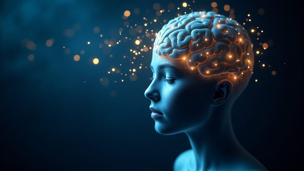 Close-up artístico de uma cabeça humana com cérebro iluminado por conexões neuronais brilhantes, conceito de inteligência, mente ativa e funcionamento cerebral, fundo azul escuro, visual futurista e tecnológico.