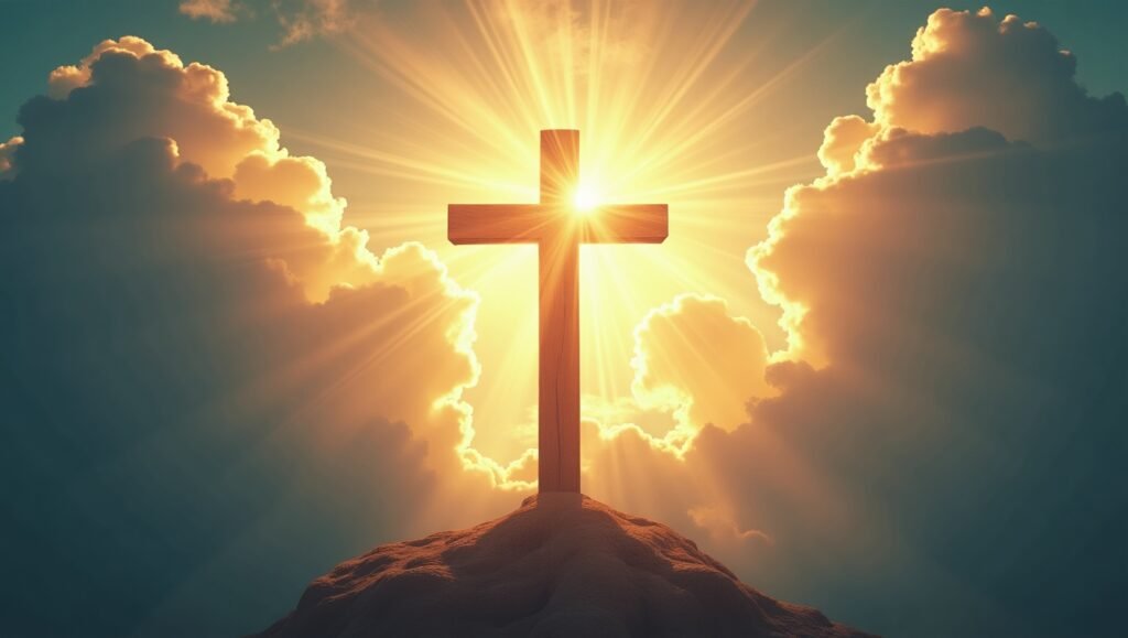 Cruz de madeira sobre uma montanha sendo iluminada por intensos raios de sol entre nuvens, simbolizando fé, esperança e presença divina.