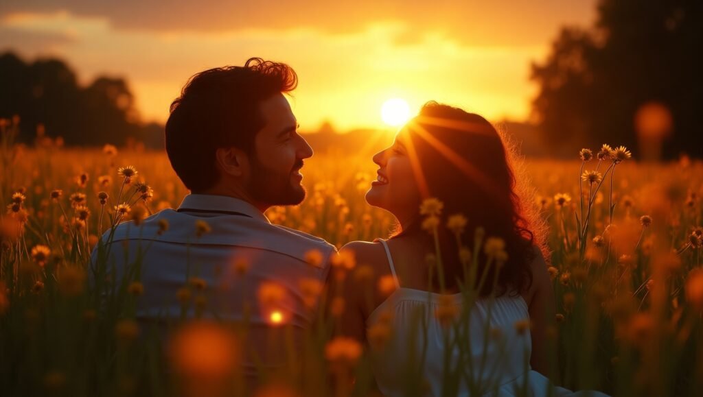 Casal sorridente sentado em campo florido ao pôr do sol, compartilhando momento romântico e feliz na natureza