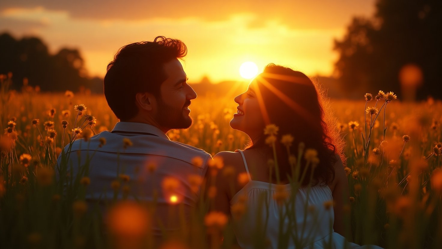 Casal sorridente sentado em campo florido ao pôr do sol, compartilhando momento romântico e feliz na natureza