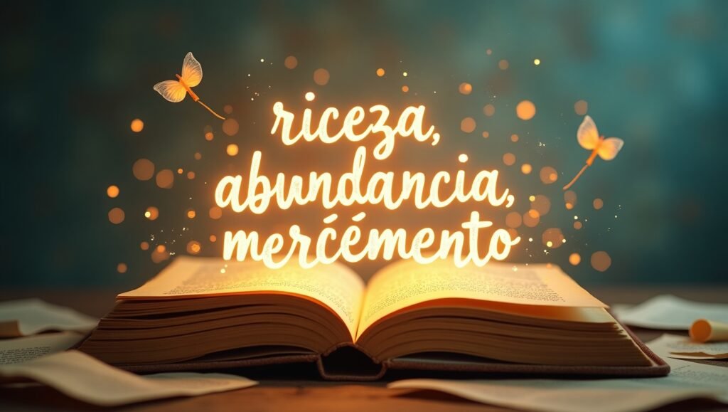 Livro aberto com as palavras riqueza, abundância e merecimento brilhando com borboletas douradas ao redor
