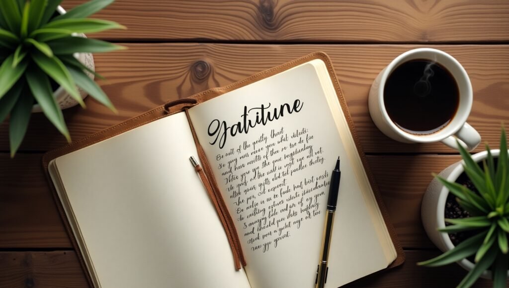 Caderno de gratidão e manifestação aberto sobre uma mesa de madeira, com caneta e xícara de café ao lado, ideal para práticas matinais de journaling e mindfulness.