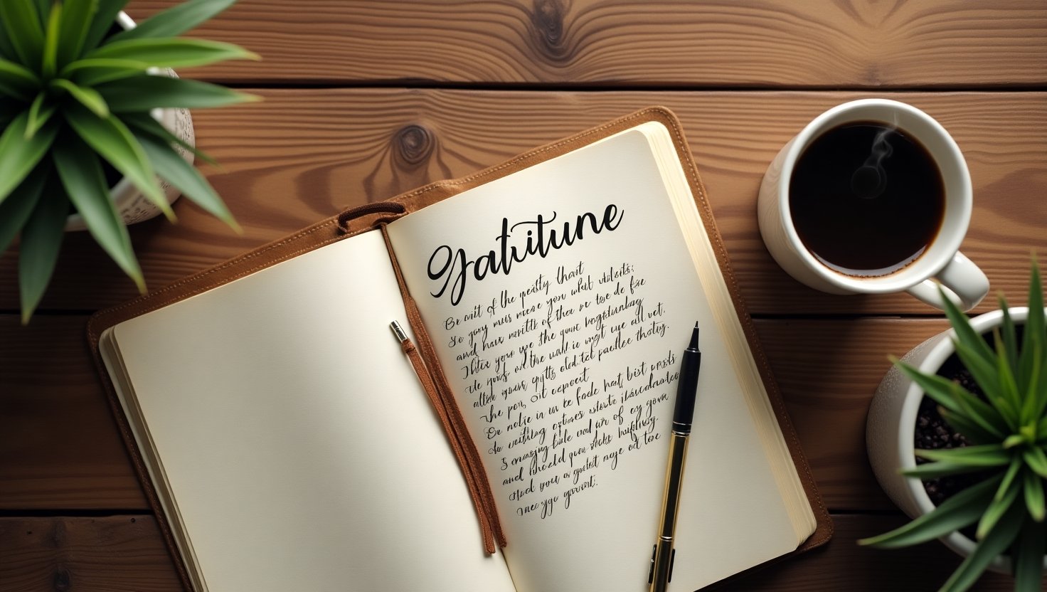 Caderno de gratidão e manifestação aberto sobre uma mesa de madeira, com caneta e xícara de café ao lado, ideal para práticas matinais de journaling e mindfulness.