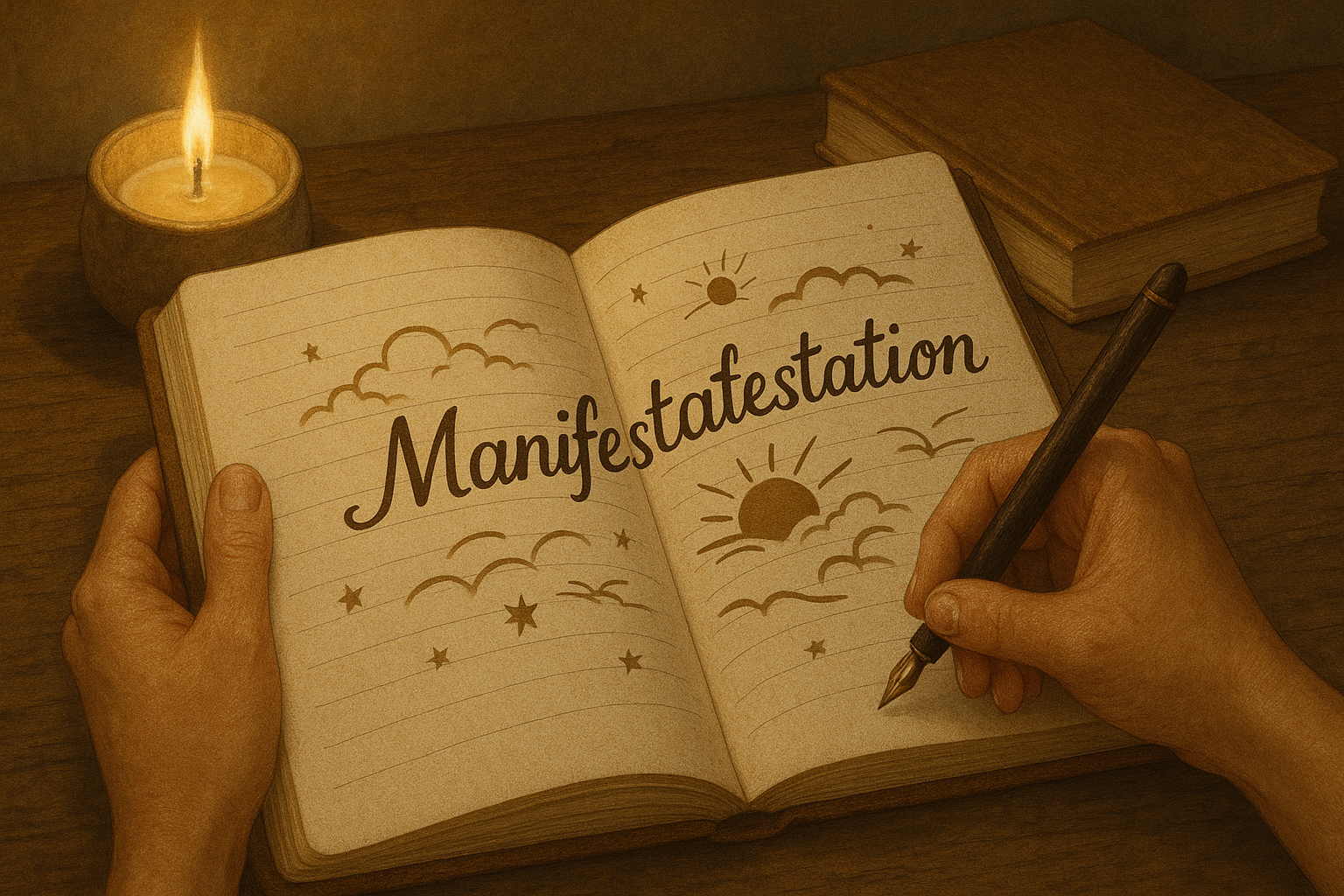 Mãos femininas escrevendo a palavra ‘Manifestation’ em diário vintage com desenhos de sol, nuvens e estrelas, ao lado de uma vela acesa, simbolizando espiritualidade, lei da atração e prática de manifestação.