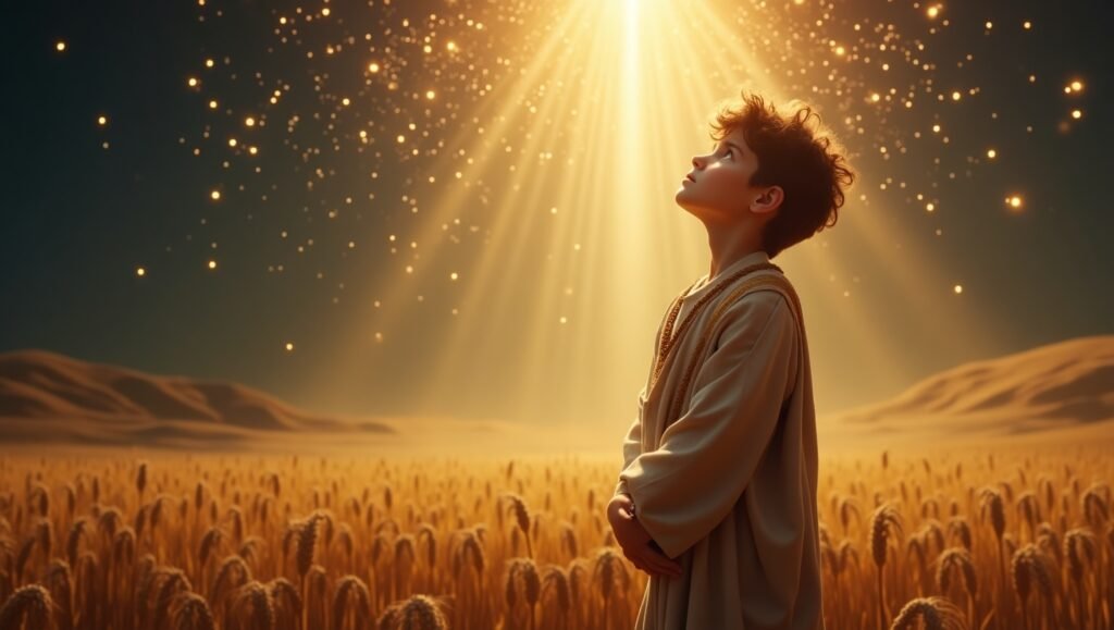 Menino em vestes antigas recebe luz celestial em campo de trigo, representando o chamado espiritual de José na infância.