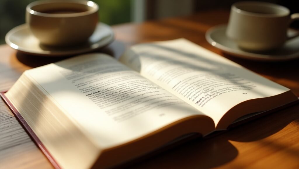 Livro aberto sobre uma mesa de madeira iluminada pela luz natural do sol, com duas xícaras de café ao fundo, transmitindo atmosfera acolhedora e momento de leitura tranquila.
