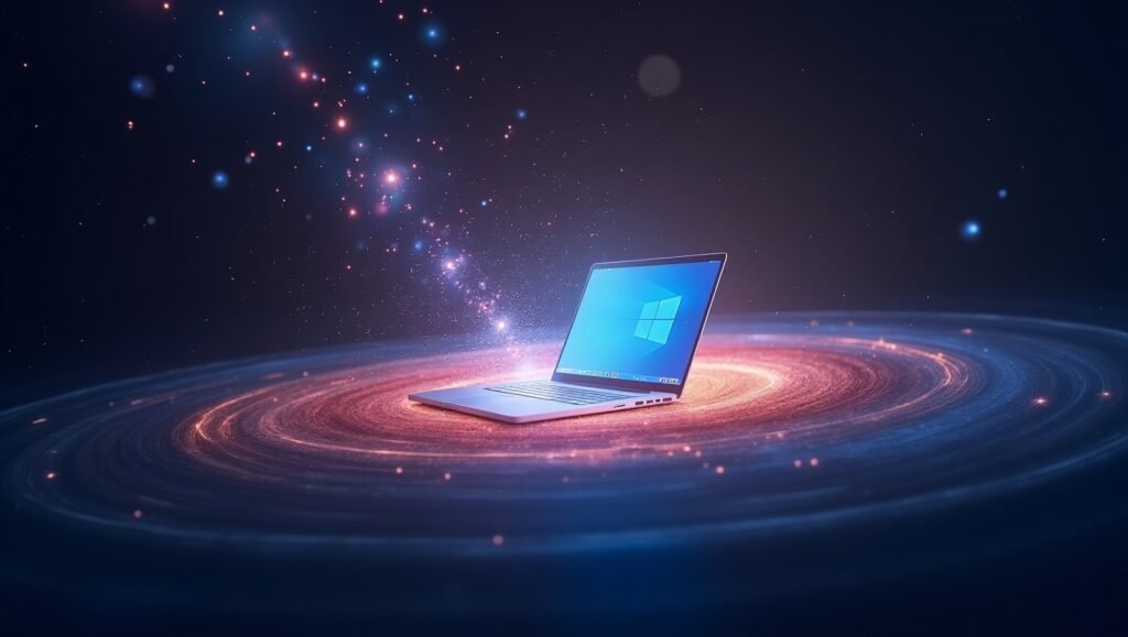 Notebook com sistema Windows flutuando sobre fundo cósmico com partículas brilhantes, representando tecnologia, inovação e universo digital. Lei da Atração Digital