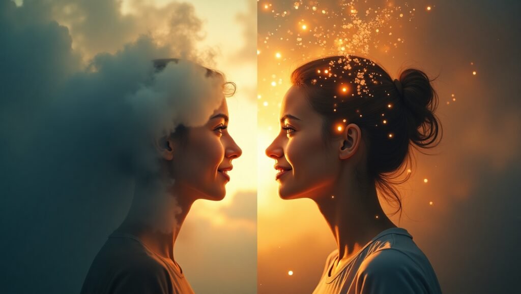 Duas versões da mesma mulher em contraste visual; uma envolta por nuvens escuras e outra iluminada por partículas douradas, representando os estados mentais de confusão e clareza interior.