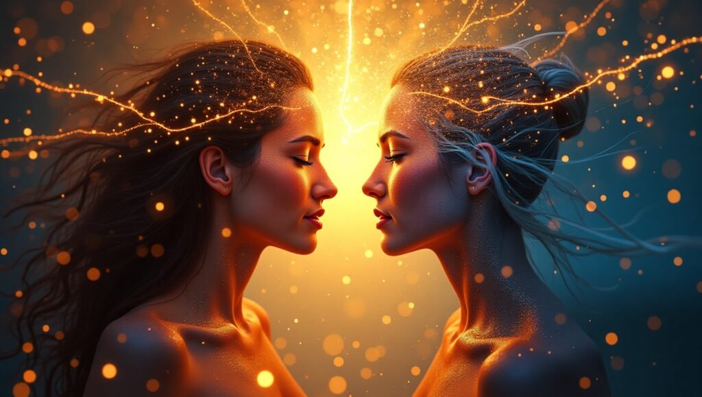 Ilustração artística de duas mulheres frente a frente com luzes douradas entrelaçadas conectando suas cabeças, simbolizando uma conexão espiritual ou telepática.