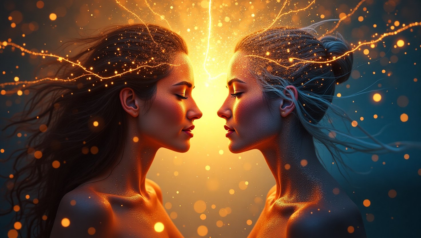 Ilustração artística de duas mulheres frente a frente com luzes douradas entrelaçadas conectando suas cabeças, simbolizando uma conexão espiritual ou telepática.