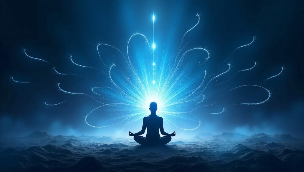 Pessoa meditando com um campo de energia azul se expandindo ao redor em um cenário surreal e introspectivo.