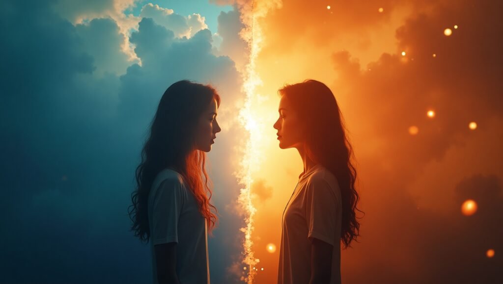 Duas mulheres idênticas se encaram frente a frente em um cenário dividido verticalmente entre céu azul escuro com nuvens e luz dourada intensa, simbolizando o contraste entre luz e sombra, dualidade interior e o equilíbrio emocional. Desalinhado com Seus Desejos