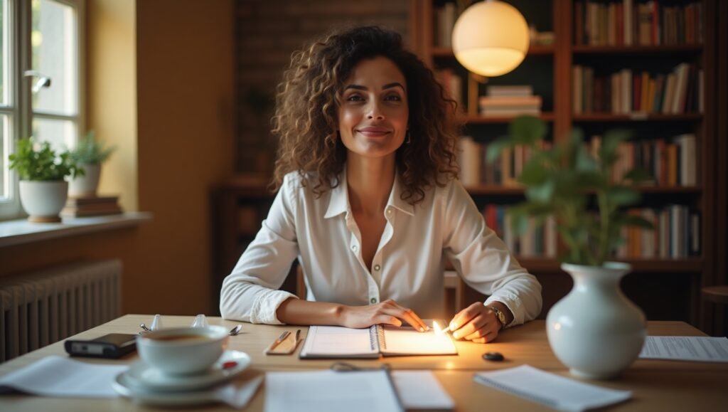 Mulher sorridente escrevendo em caderno de metas sobre uma mesa de madeira, em ambiente acolhedor com livros ao fundo, luz suave e xícara de café, representando planejamento pessoal e produtividade com bem-estar.