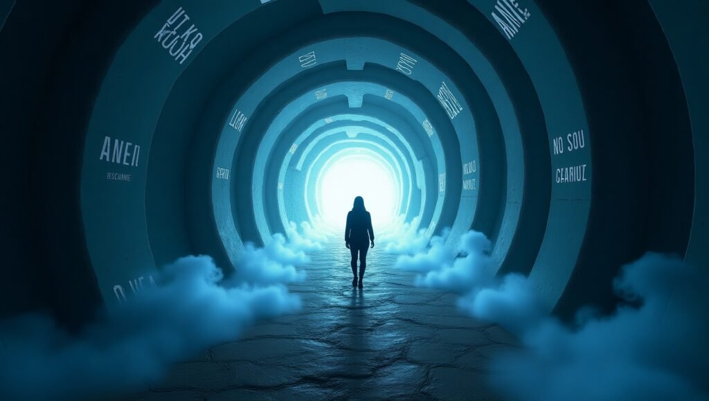 Pessoa solitária caminhando em um túnel futurista circular, iluminado por luz azulada ao fundo, com névoa no chão e palavras projetadas nas paredes, simbolizando a travessia espiritual, autoconhecimento e passagem energética rumo à iluminação interior.
