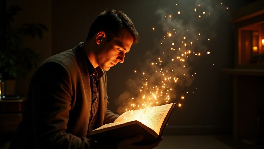 Homem lendo um livro mágico com faíscas de luz saindo das páginas, simbolizando o poder da mente e da manifestação, estilo Neville Goddard.