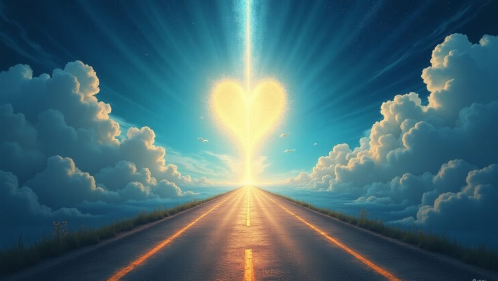 Estrada dourada se estendendo até um coração luminoso no céu entre nuvens, simbolizando amor, espiritualidade, esperança e jornada interior em cenário celestial. A Lei da Atração tem limites