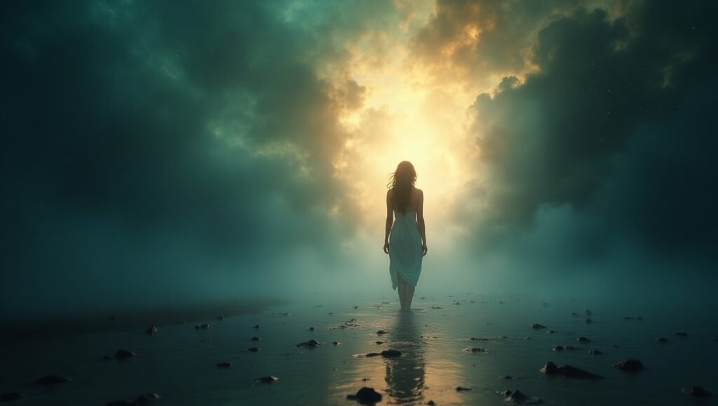 Mulher de vestido branco caminha sozinha sobre água rasa em direção à luz entre nuvens escuras, simbolizando jornada interior, superação e autoconhecimento.
