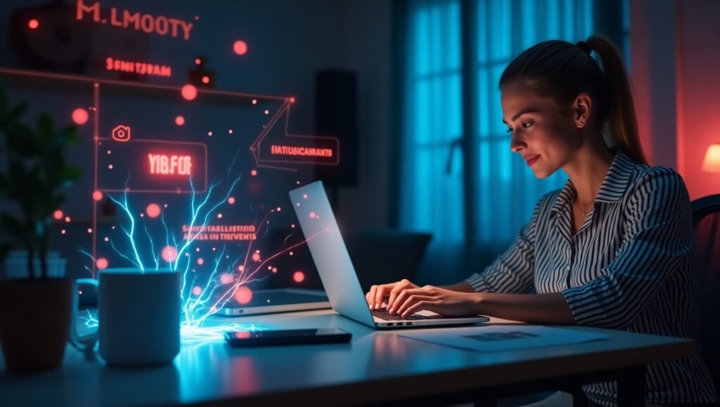 "Mulher empreendedora trabalhando à noite em um escritório moderno, digitando em laptop com interface digital holográfica flutuando ao redor, representando tecnologia e marketing digital."