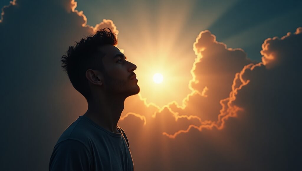 Homem em oração contemplando a luz divina entre nuvens ao nascer do sol, simbolizando fé, espiritualidade e conexão com Deus