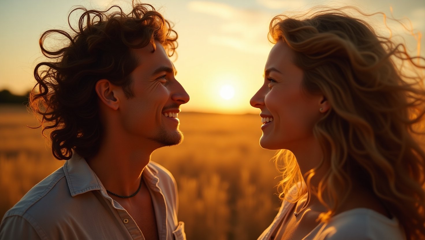 Casal sorridente olhando um para o outro em campo dourado ao pôr do sol, simbolizando amor verdadeiro, felicidade no relacionamento e conexão emocional em meio à natureza. ciência quântica e a Lei da Atração
