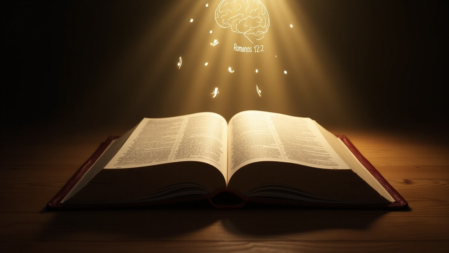 Bíblia aberta sobre uma mesa de madeira com iluminação suave incidindo sobre as páginas, destacando o versículo Romanos 12:2 e a ilustração de um cérebro iluminado acima, simbolizando transformação e renovação da mente pela fé cristã.