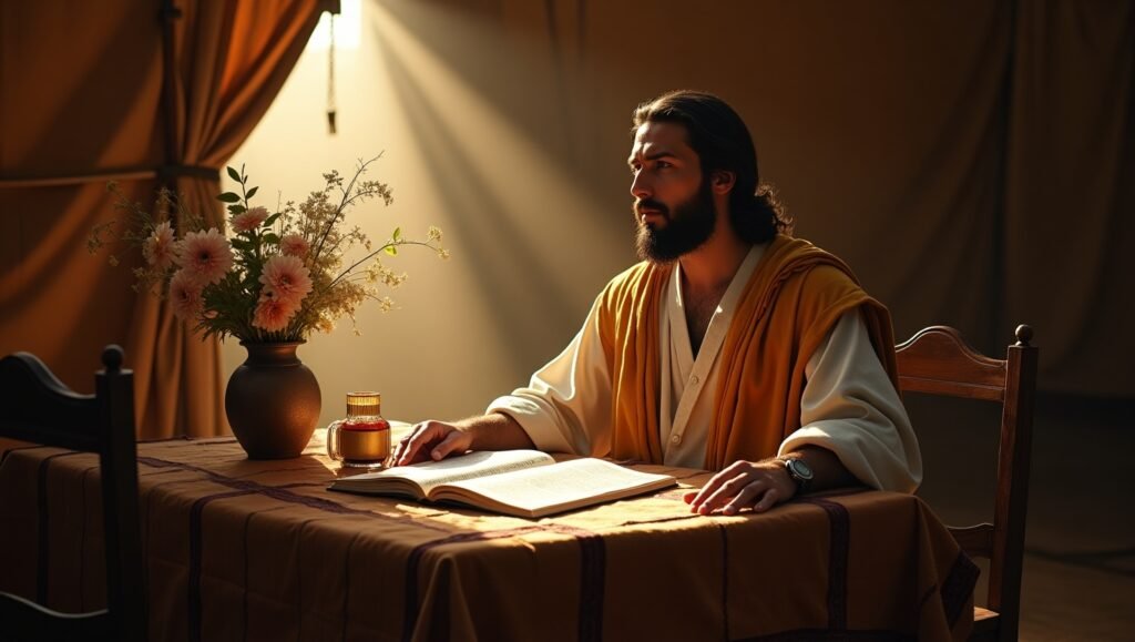 Homem hebraico sentado em uma tenda iluminada por feixe de luz, escrevendo em pergaminho sobre mesa decorada com flores e jarro, cena de sabedoria e tradição antiga.