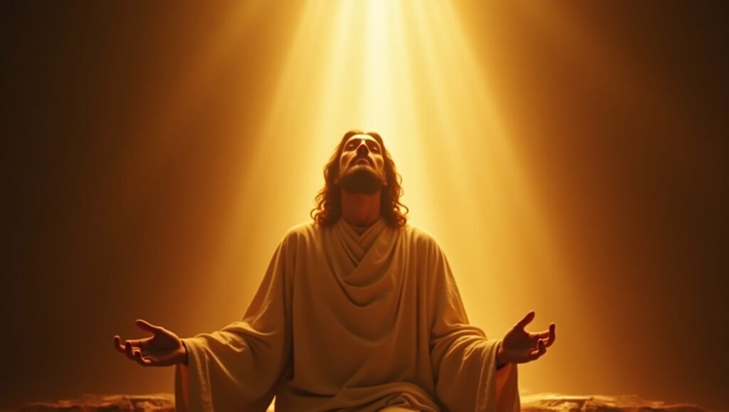 Representação de Jesus Cristo orando sob uma intensa luz divina dourada, com braços abertos e olhar elevado, simbolizando fé, espiritualidade e conexão com o sagrado.