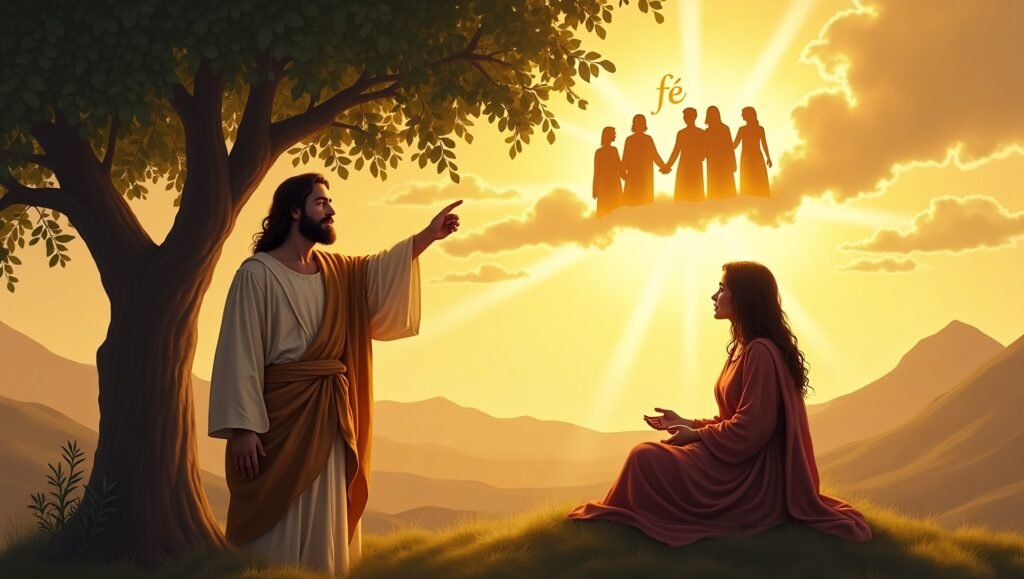 Jesus ensinando jovem mulher sob uma árvore, apontando para discípulos iluminados nas nuvens com a palavra “fé” ao fundo — cena espiritual de ensino e conexão divina.