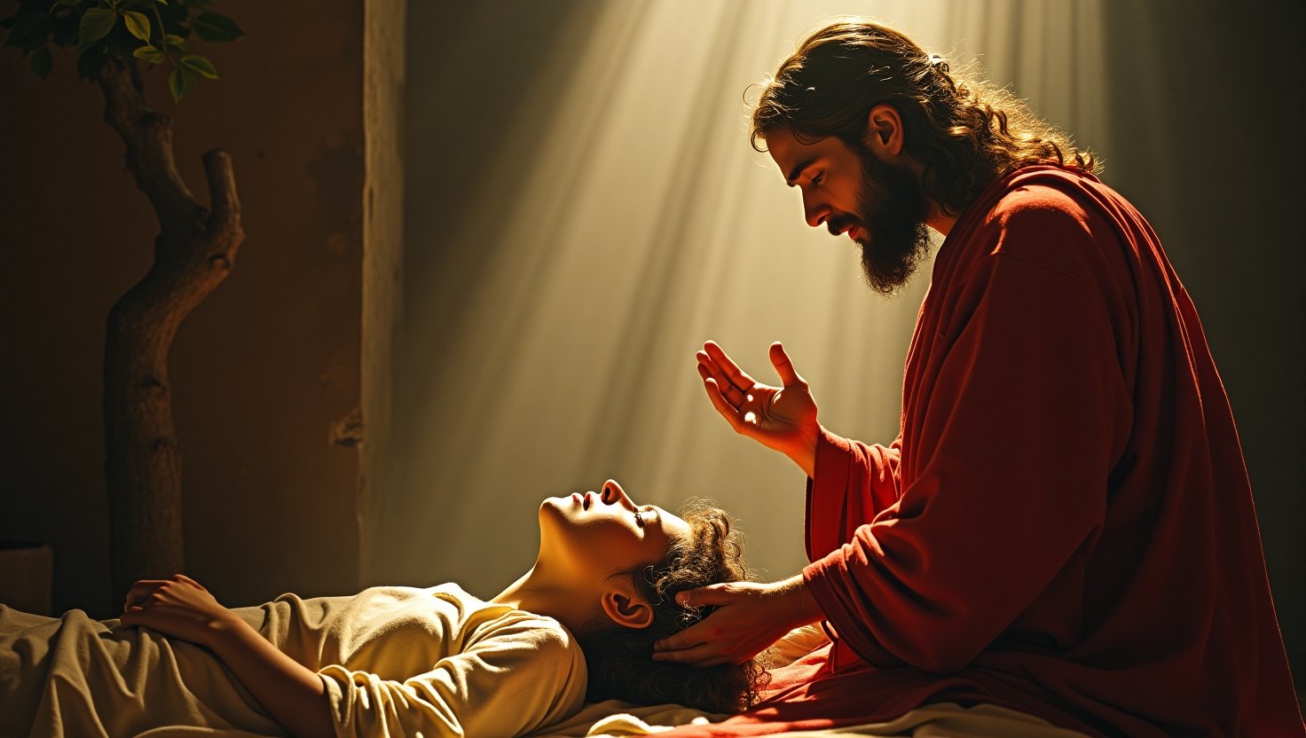 Representação de Jesus em cena de cura espiritual, impondo as mãos sobre a cabeça de um jovem deitado, feixes de luz divina iluminam o ambiente, simbolizando libertação de pensamentos tóxicos e restauração da paz interior, atmosfera de fé, amor e compaixão.