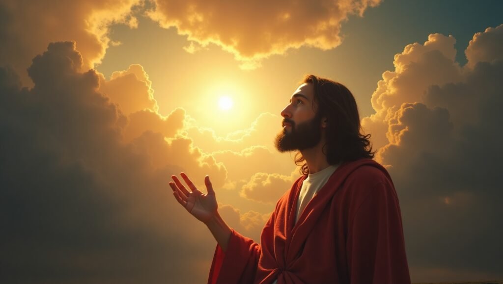 Jesus com aparência serena e barba, vestindo túnica vermelha, olhando para o céu iluminado por uma forte luz dourada entre nuvens, em um cenário celestial e espiritual.