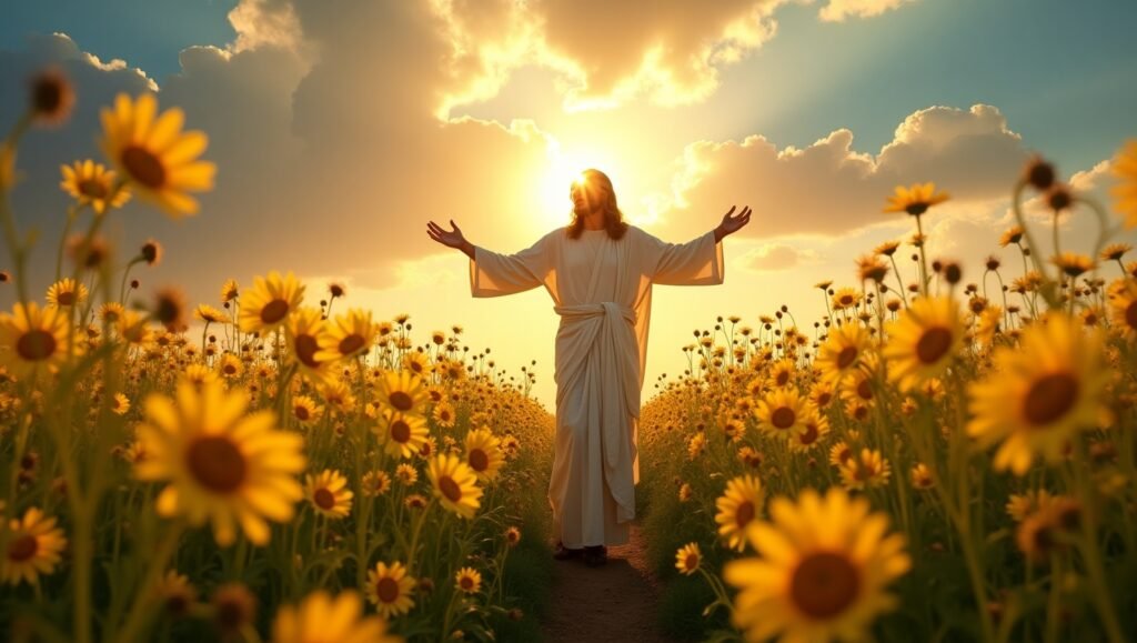 Imagem de Jesus de braços abertos em meio a um campo de flores amarelas ao entardecer, com raios de sol brilhando entre as nuvens, simbolizando paz, amor e presença divina.